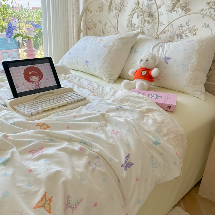 91家纺网 家纺一手货源 找家纺 澜妃 2025新款糯叽叽水洗棉全棉蕾丝花边-艾意系列 艾意-恋爱戏蝶