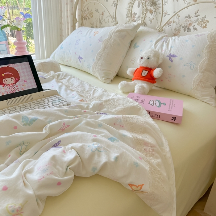 91家纺网 家纺一手货源 找家纺 澜妃 2025新款糯叽叽水洗棉全棉蕾丝花边-艾意系列 艾意-恋爱戏蝶