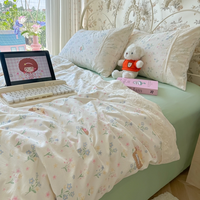 91家纺网 家纺一手货源 找家纺 澜妃 2025新款糯叽叽水洗棉全棉蕾丝花边-艾意系列 艾意-午后时光