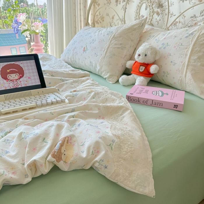 91家纺网 家纺一手货源 找家纺 澜妃 2025新款糯叽叽水洗棉全棉蕾丝花边-艾意系列 艾意-午后时光