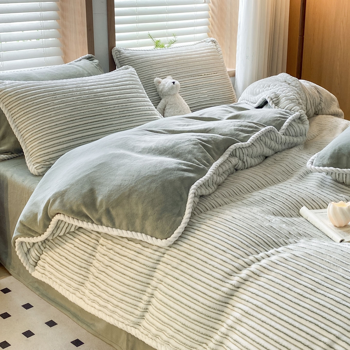 91家纺网 家纺一手货源 找家纺 小叮当家纺仓储工厂店 2025新款阳离子抽条四件套 阳离子抽条-果绿