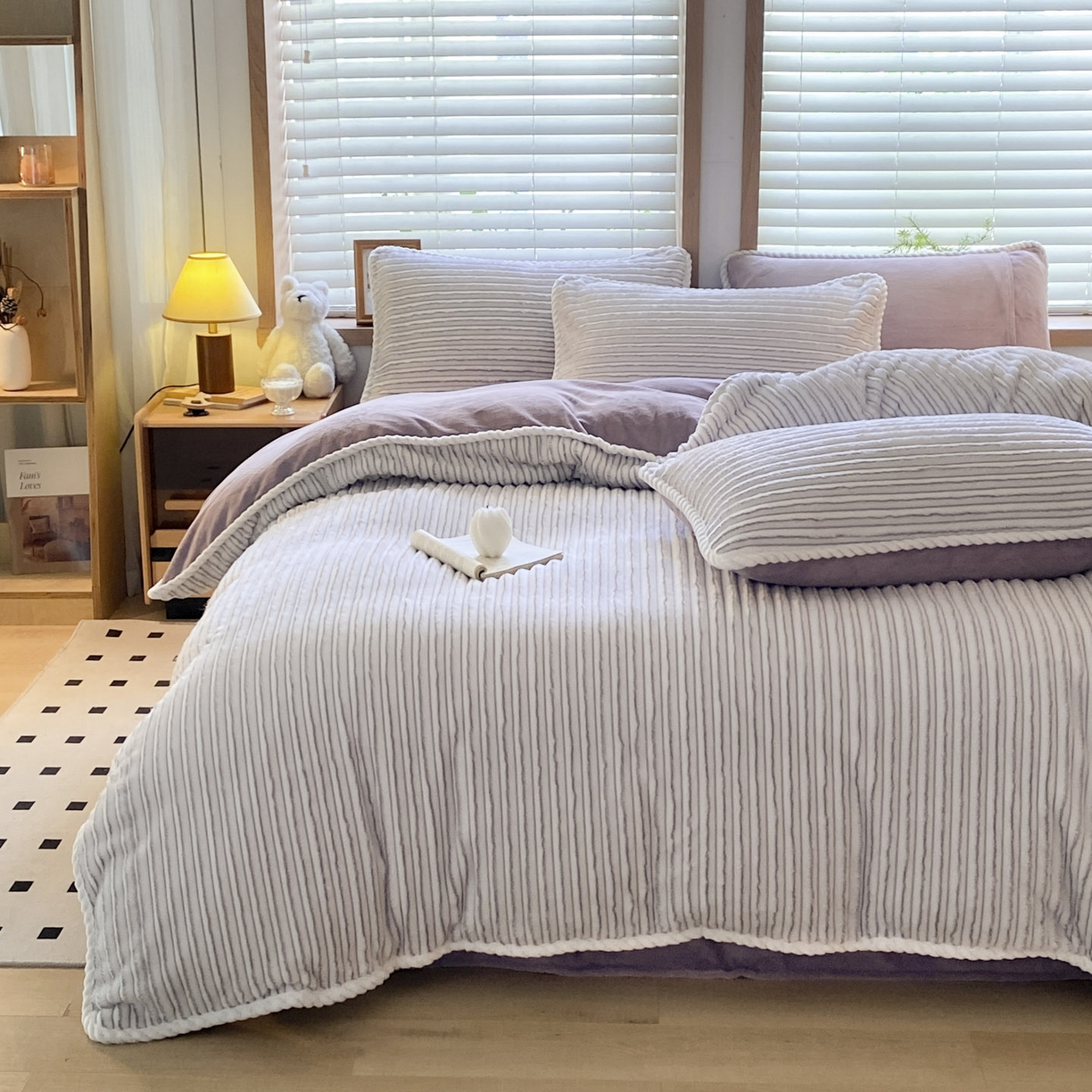 91家纺网 家纺一手货源 找家纺 小叮当家纺仓储工厂店 2025新款阳离子抽条四件套 阳离子抽条-浅紫