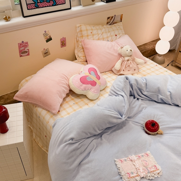 呗旺鹿 2025新款亲肤舒适ins韩系撞色小清新牛奶绒四件套 海洋芝士-枕套粉+粉