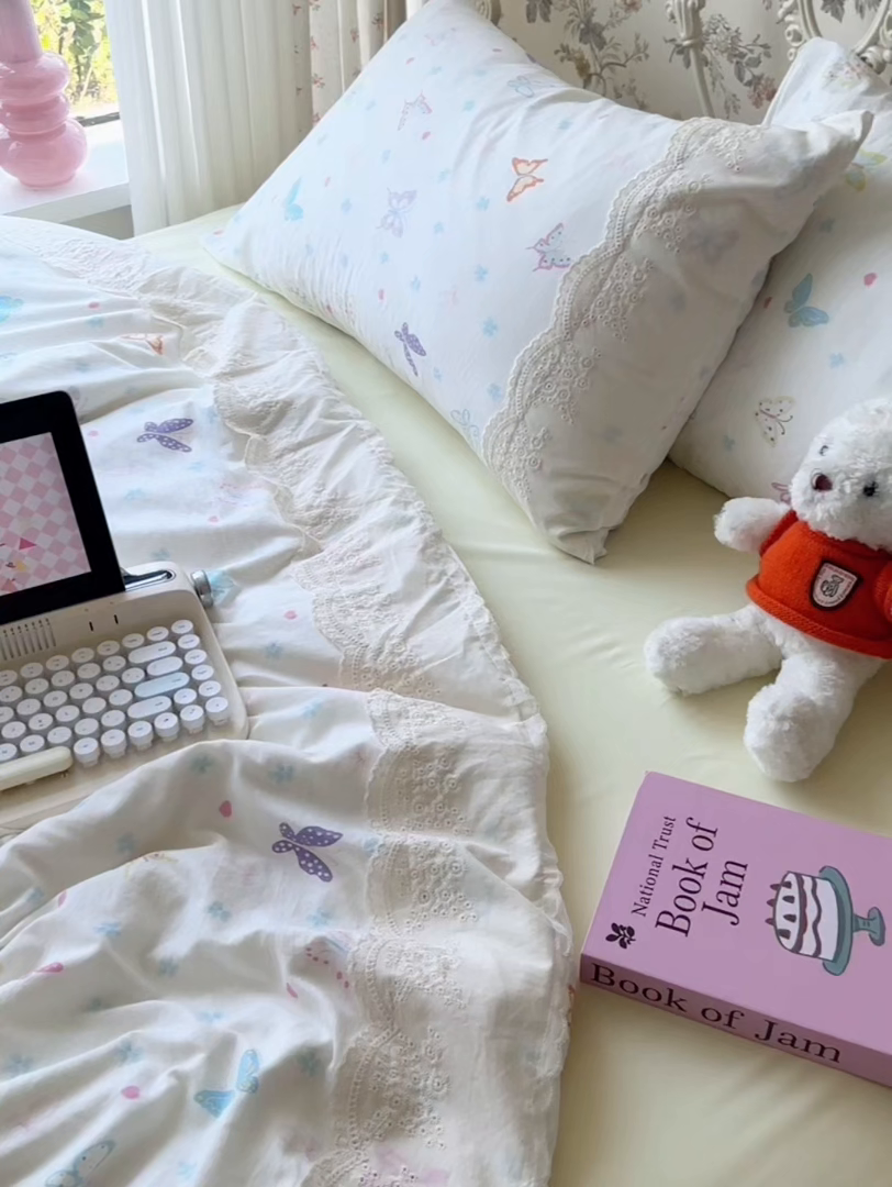 91家纺网 家纺一手货源 找家纺 澜妃 2025新款糯叽叽水洗棉全棉蕾丝花边-艾意系列 艾意-恋爱戏蝶