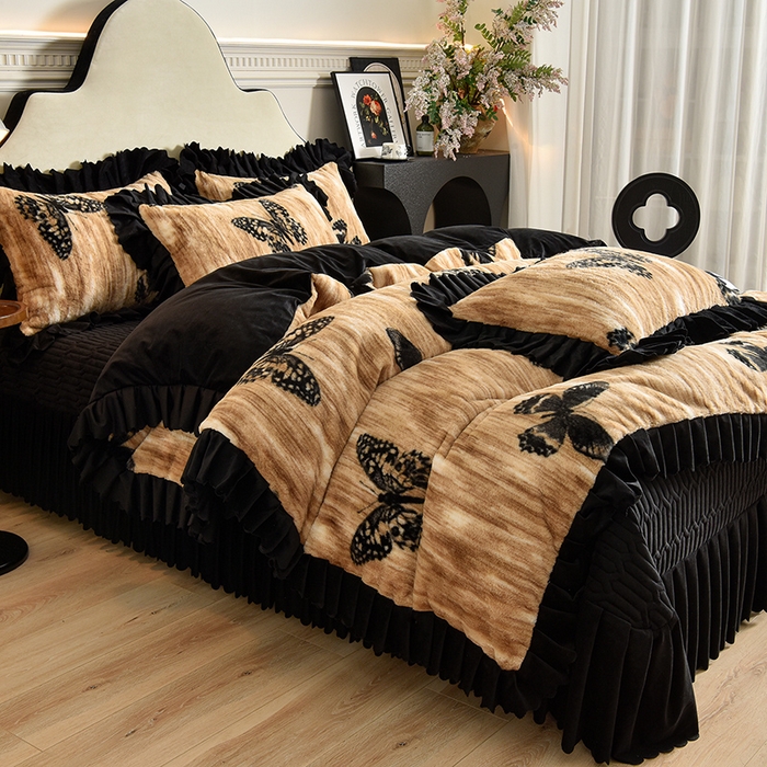 91家纺网 家纺一手货源 找家纺 茉保家纺 2025新款9.5斤秋冬保暖牛奶绒印花兔毛绒四件套 雅轻蝶