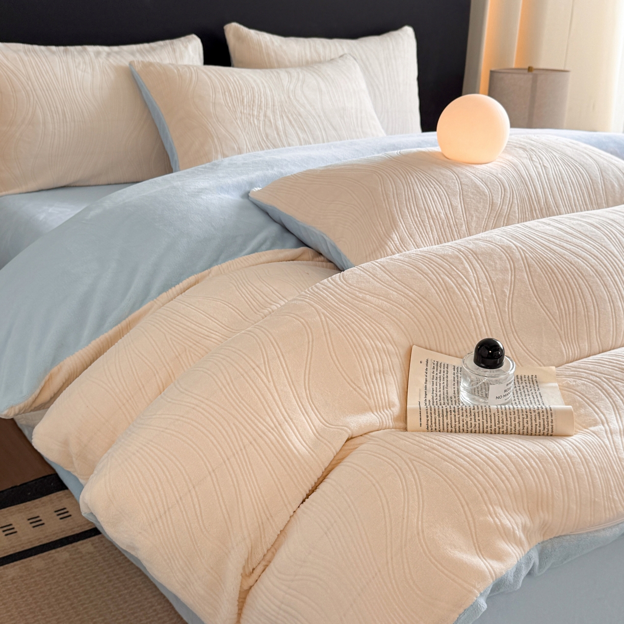 91家纺网 家纺一手货源 找家纺 小叮当家纺仓储工厂店 2025新款AB版烂花牛奶绒四件套 烂花-米蓝