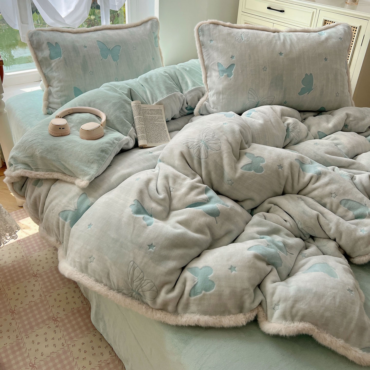 91家纺网 家纺一手货源 找家纺 十里居 2025新款兔毛条花边款雕花牛奶绒四件套 蝶舞蓝