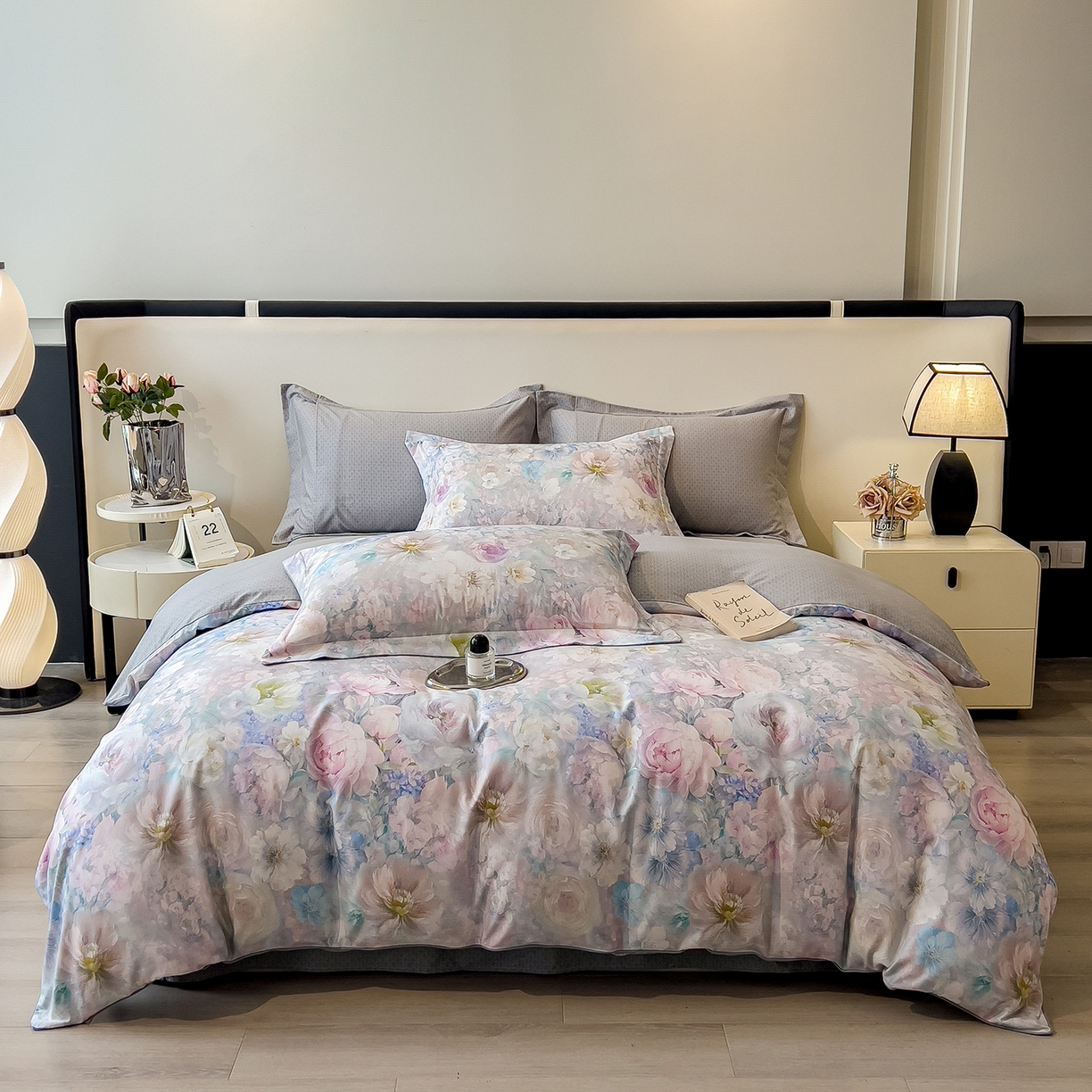 91家纺网 家纺一手货源 找家纺 芃成家纺 2025新款A类加厚天丝棉磨毛花卉四件套 幸福繁花-灰