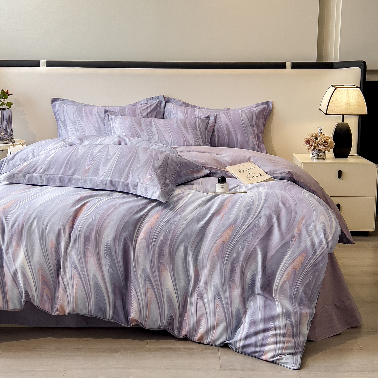 91家纺网 家纺一手货源 找家纺 芃成家纺 2025新款A类加厚天丝棉磨毛花卉四件套 碧波星河