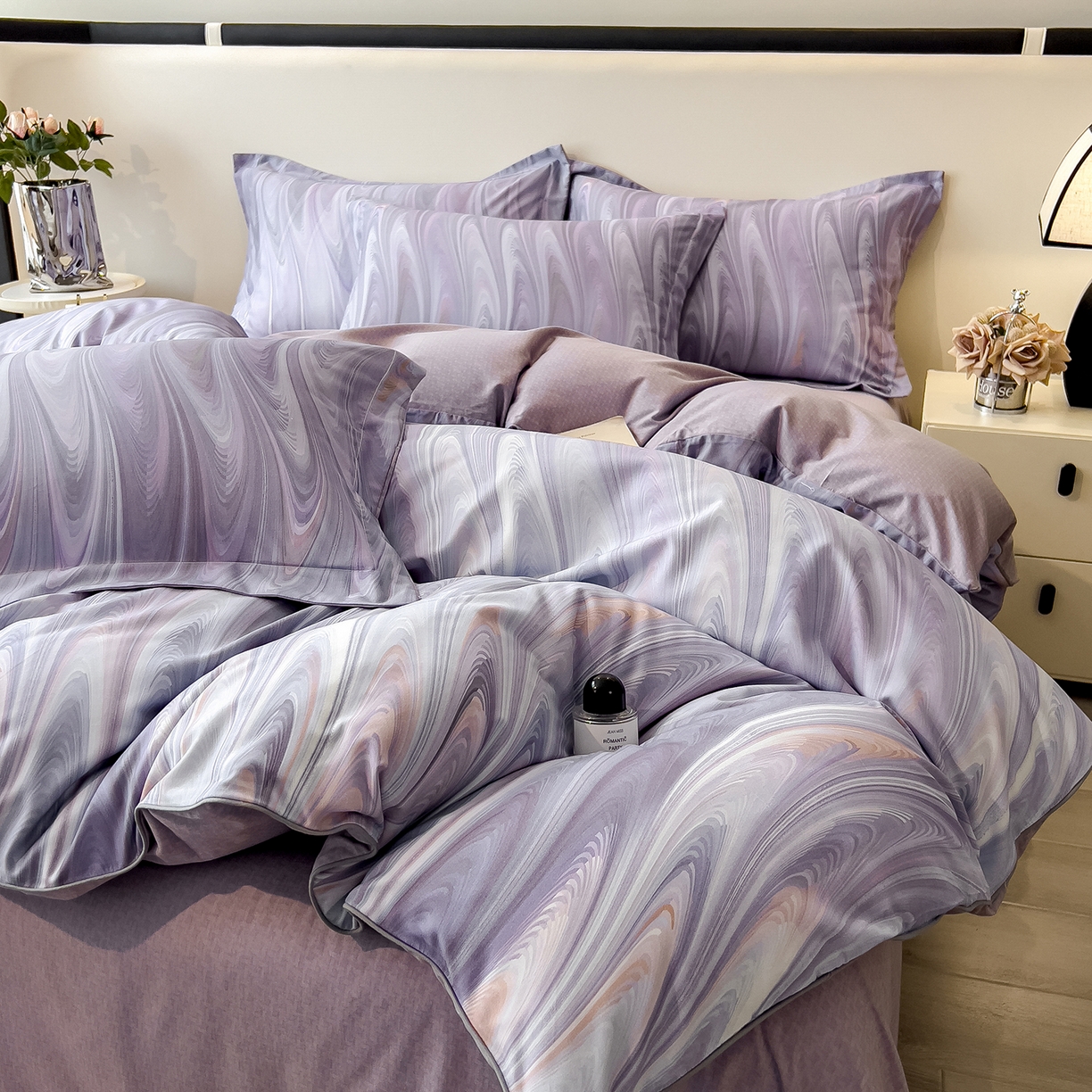 91家纺网 家纺一手货源 找家纺 芃成家纺 2025新款A类加厚天丝棉磨毛花卉四件套 碧波星河