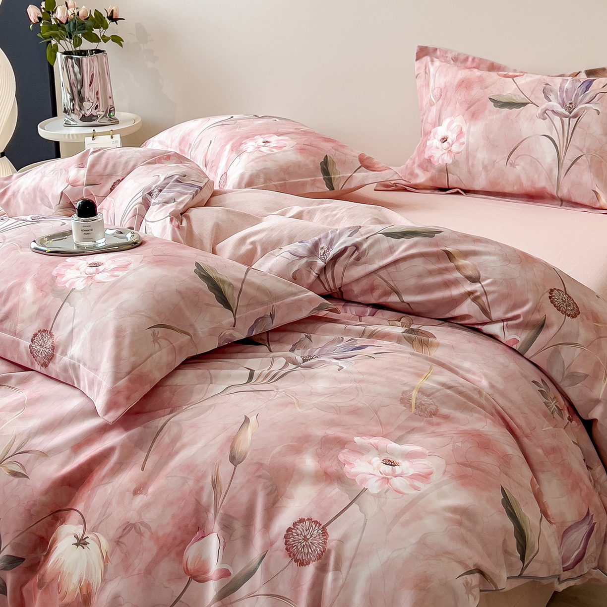 91家纺网 家纺一手货源 找家纺 芃成家纺 2025新款A类加厚天丝棉磨毛花卉四件套 心语花香