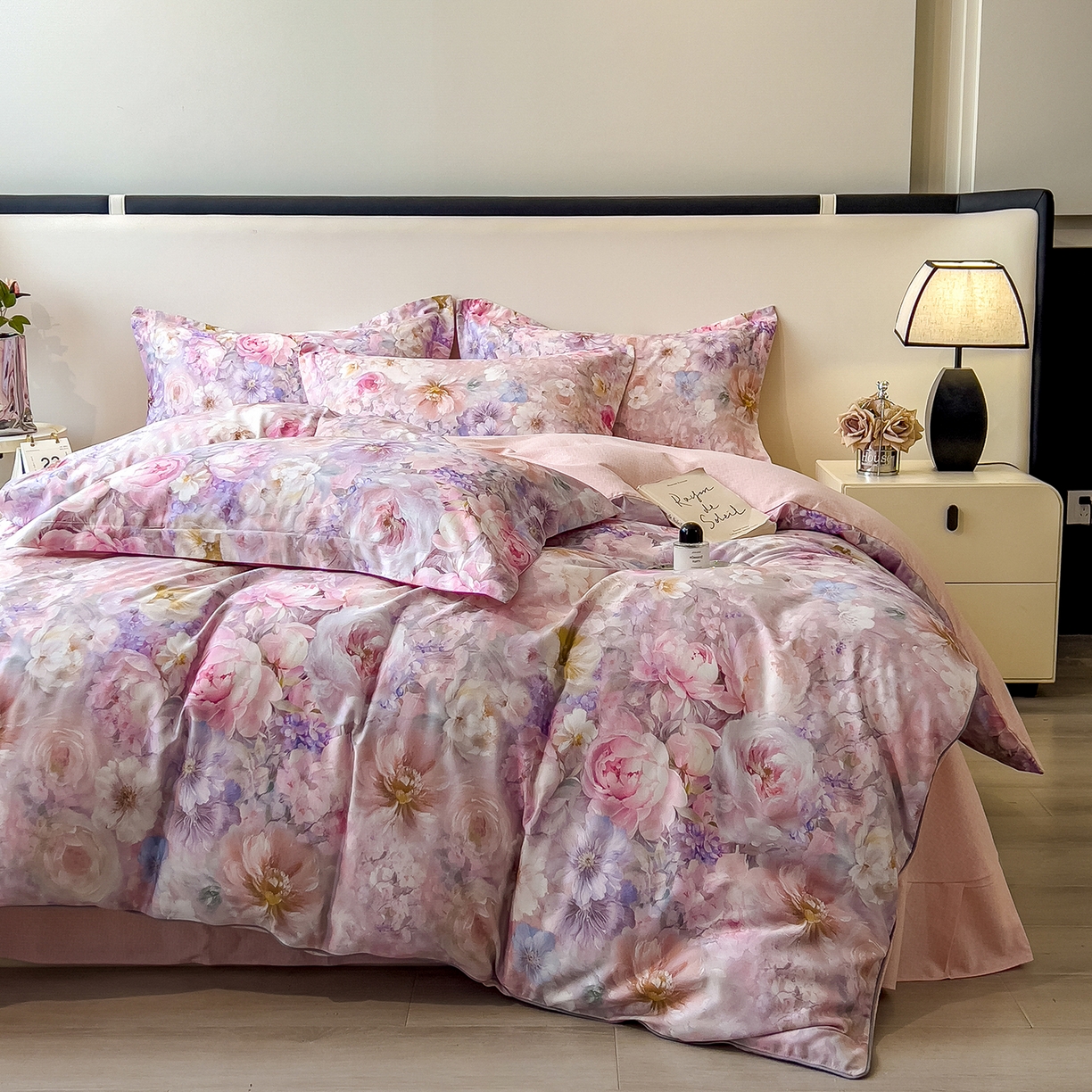 91家纺网 家纺一手货源 找家纺 芃成家纺 2025新款A类加厚天丝棉磨毛花卉四件套 幸福繁花-粉