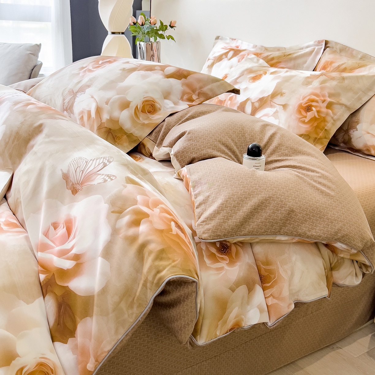 91家纺网 家纺一手货源 找家纺 芃成家纺 2025新款A类加厚天丝棉磨毛花卉四件套 凤栖瑰丽