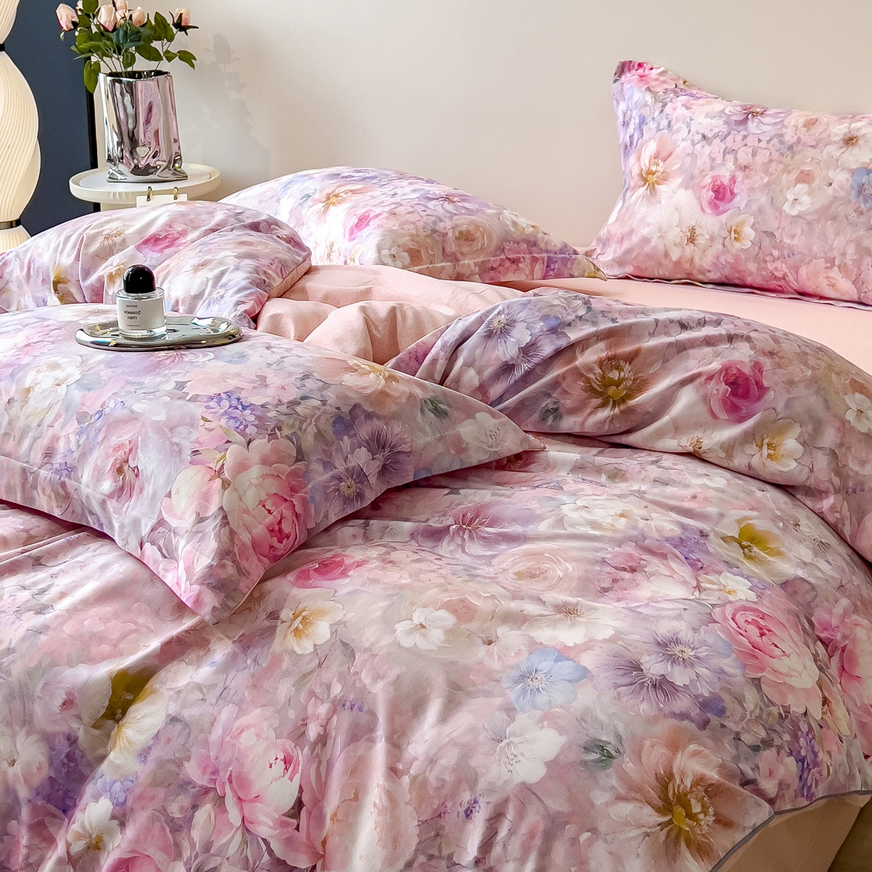 91家纺网 家纺一手货源 找家纺 芃成家纺 2025新款A类加厚天丝棉磨毛花卉四件套 幸福繁花-粉