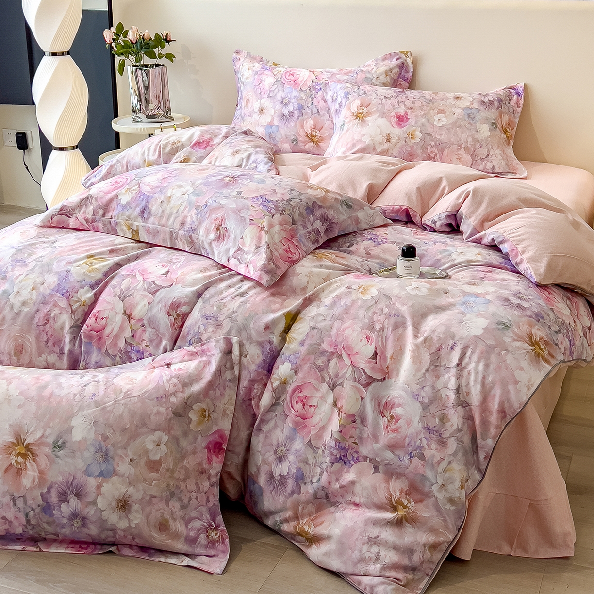 91家纺网 家纺一手货源 找家纺 芃成家纺 2025新款A类加厚天丝棉磨毛花卉四件套 幸福繁花-粉