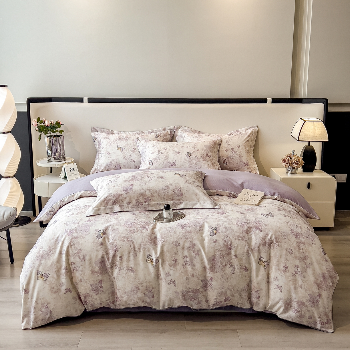 91家纺网 家纺一手货源 找家纺 芃成家纺 2025新款A类加厚天丝棉磨毛花卉四件套 蝶舞飞扬-紫