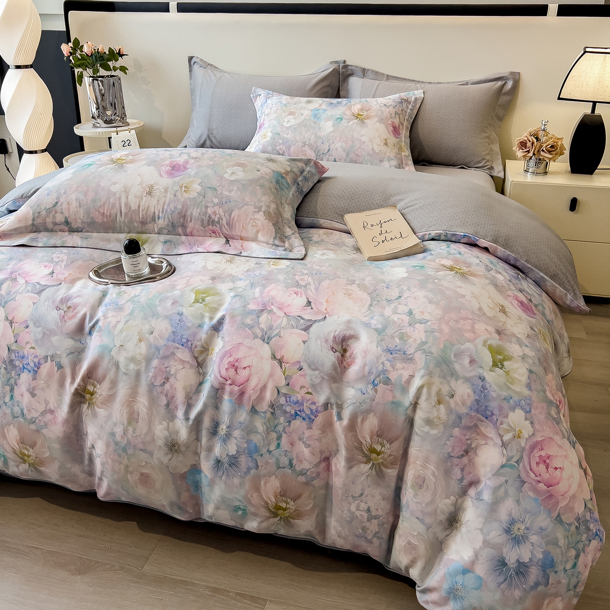 91家纺网 家纺一手货源 找家纺 芃成家纺 2025新款A类加厚天丝棉磨毛花卉四件套 幸福繁花-灰