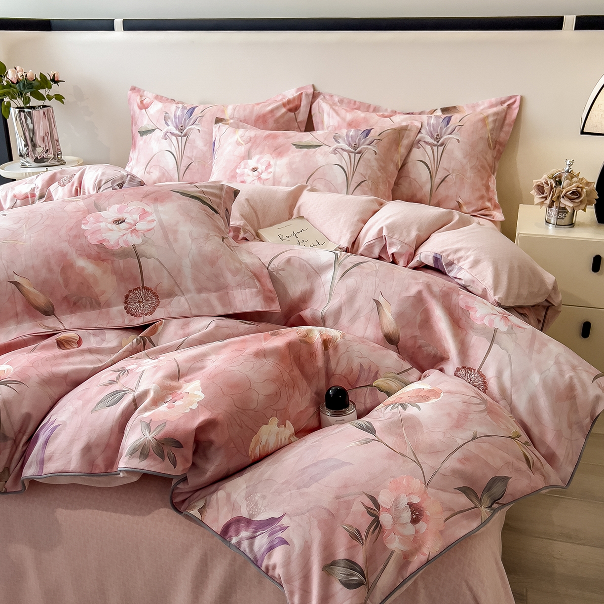 91家纺网 家纺一手货源 找家纺 芃成家纺 2025新款A类加厚天丝棉磨毛花卉四件套 心语花香