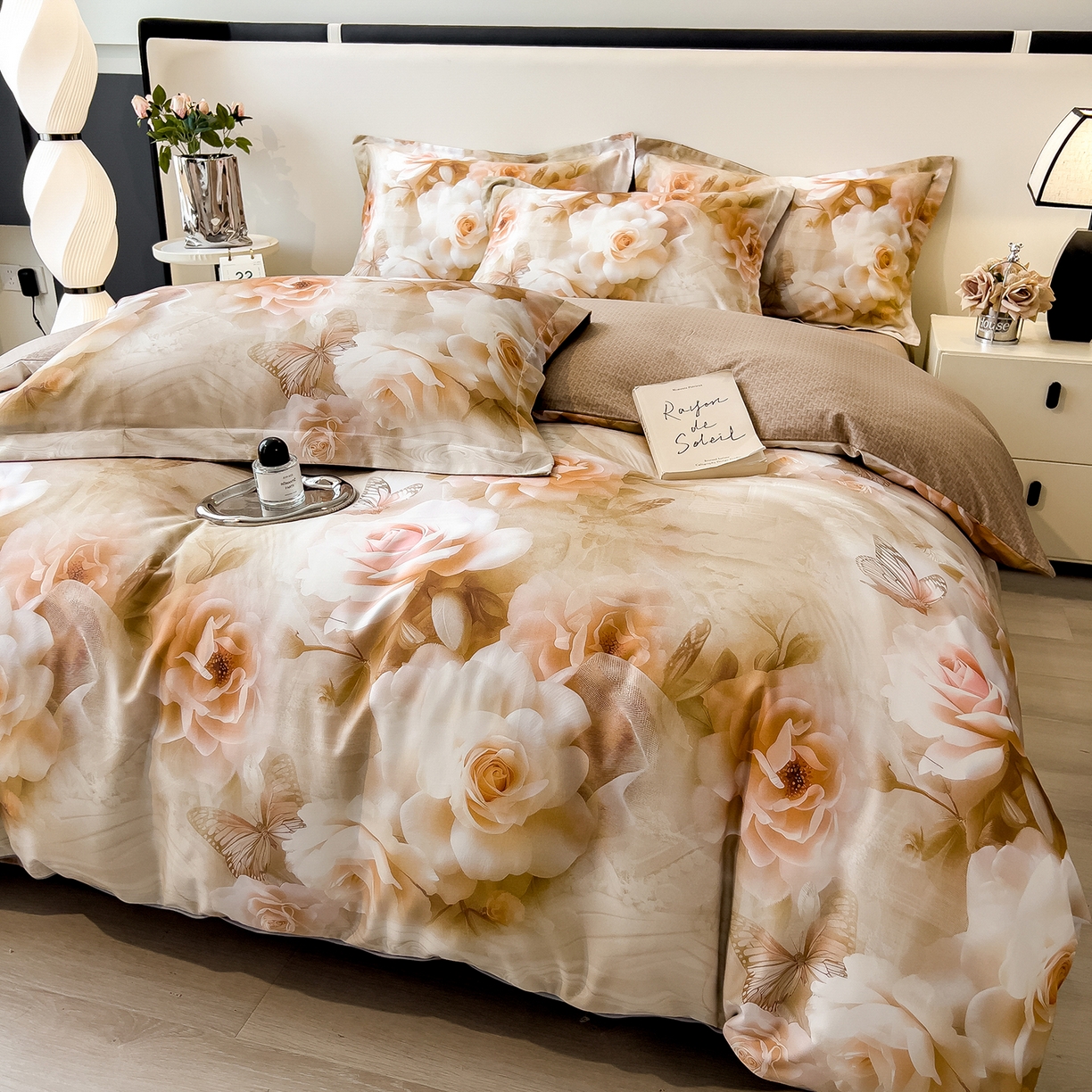 91家纺网 家纺一手货源 找家纺 芃成家纺 2025新款A类加厚天丝棉磨毛花卉四件套 凤栖瑰丽