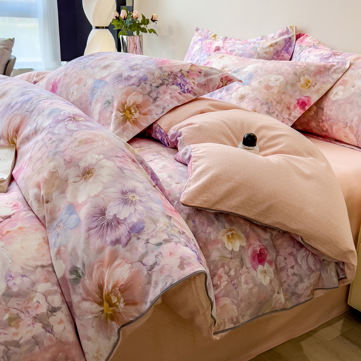 91家纺网 家纺一手货源 找家纺 芃成家纺 2025新款A类加厚天丝棉磨毛花卉四件套 幸福繁花-粉