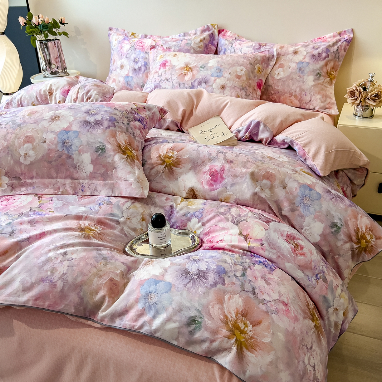 91家纺网 家纺一手货源 找家纺 芃成家纺 2025新款A类加厚天丝棉磨毛花卉四件套 幸福繁花-粉