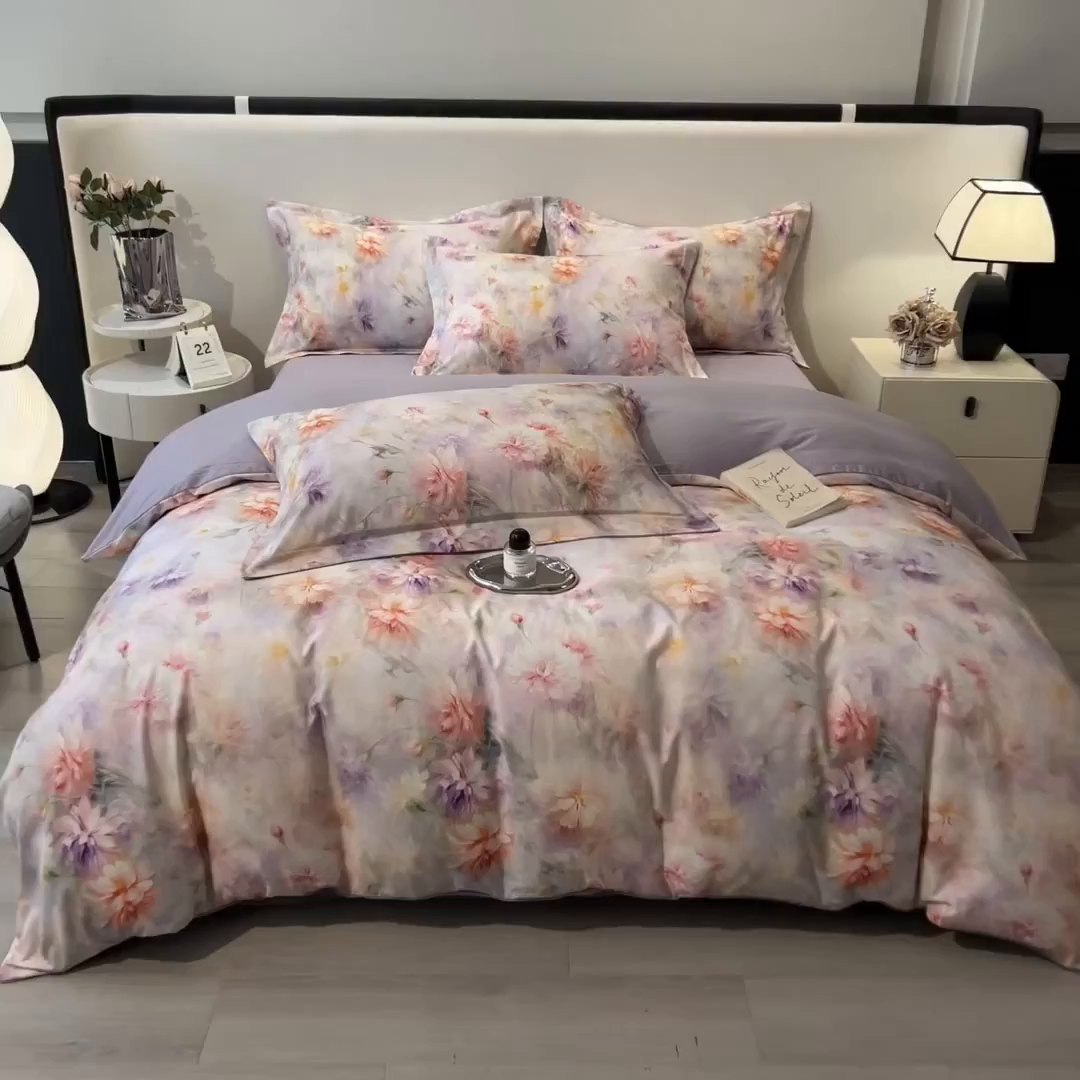 91家纺网 家纺一手货源 找家纺 芃成家纺 2025新款A类加厚天丝棉磨毛花卉四件套 花仙子