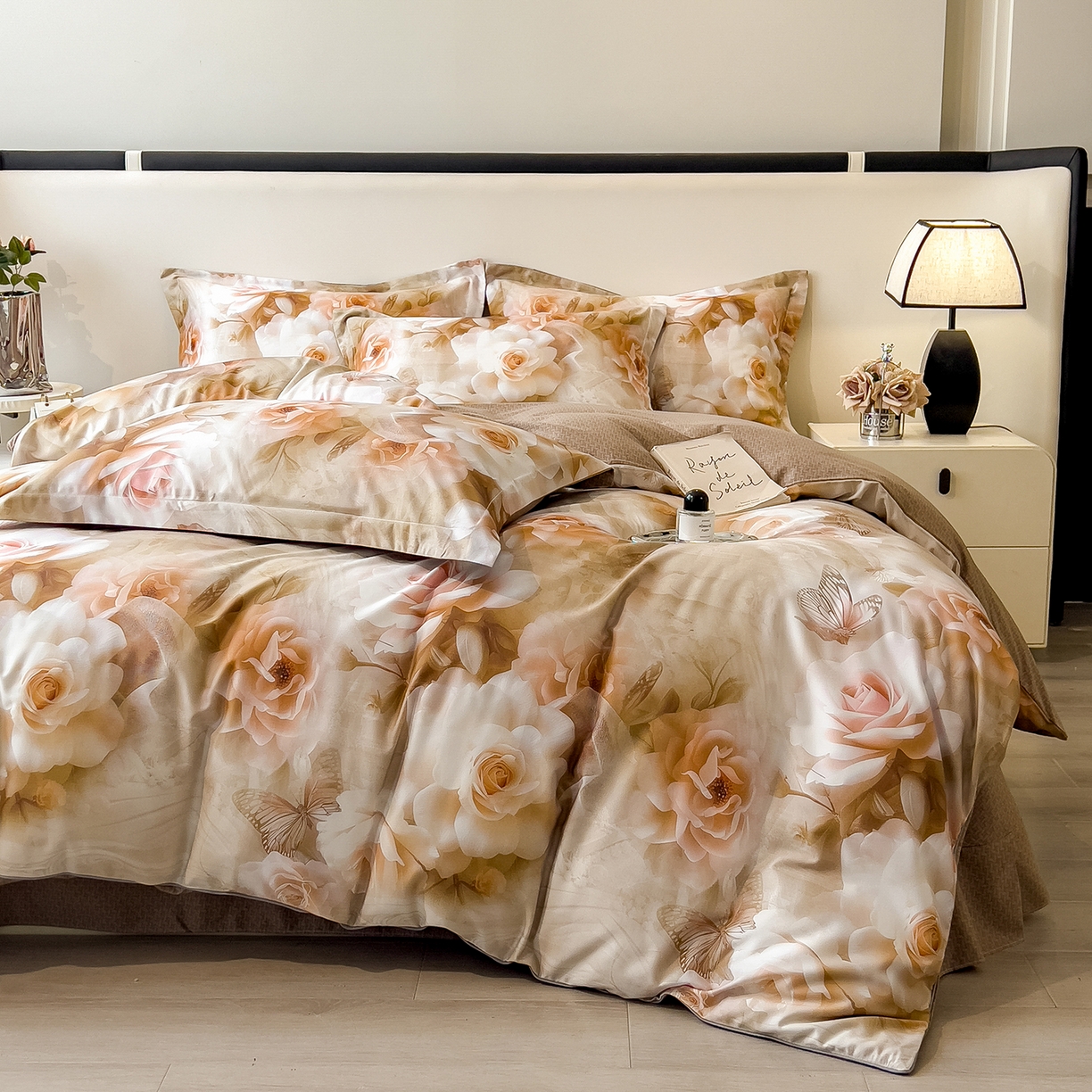 91家纺网 家纺一手货源 找家纺 芃成家纺 2025新款A类加厚天丝棉磨毛花卉四件套 凤栖瑰丽