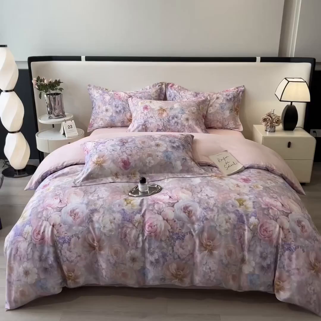 91家纺网 家纺一手货源 找家纺 芃成家纺 2025新款A类加厚天丝棉磨毛花卉四件套 幸福繁花-粉