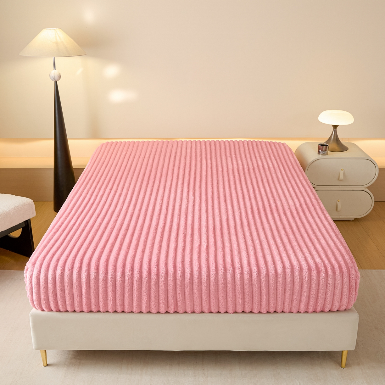 91家纺网 家纺一手货源 找家纺 小叮当家纺仓储工厂店 2025新款兔毛绒大抽条单床笠系列床笠单件（跨境可供） 抽条-床笠浅粉