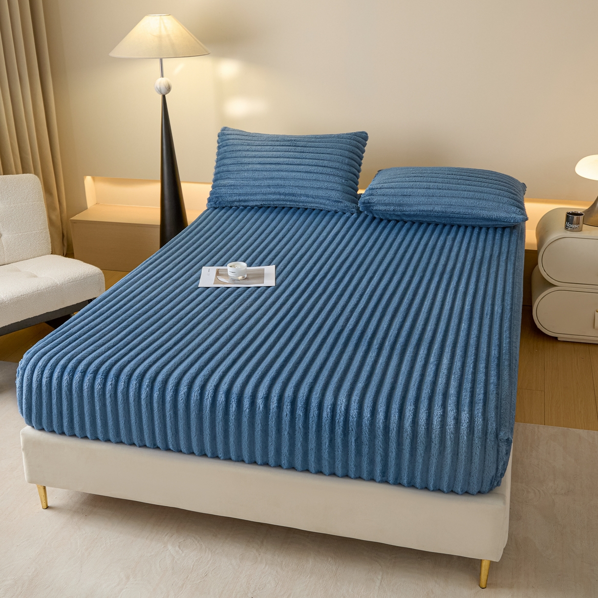 91家纺网 家纺一手货源 找家纺 小叮当家纺仓储工厂店 2025新款兔毛绒大抽条单床笠系列床笠单件（跨境可供） 抽条-床笠孔雀蓝