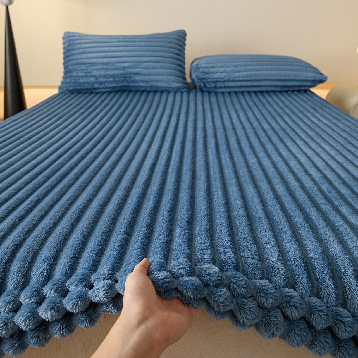 小叮当家纺仓储工厂店 2025新款兔毛绒大抽条单床笠系列床笠单件（跨境可供） 抽条-床笠孔雀蓝