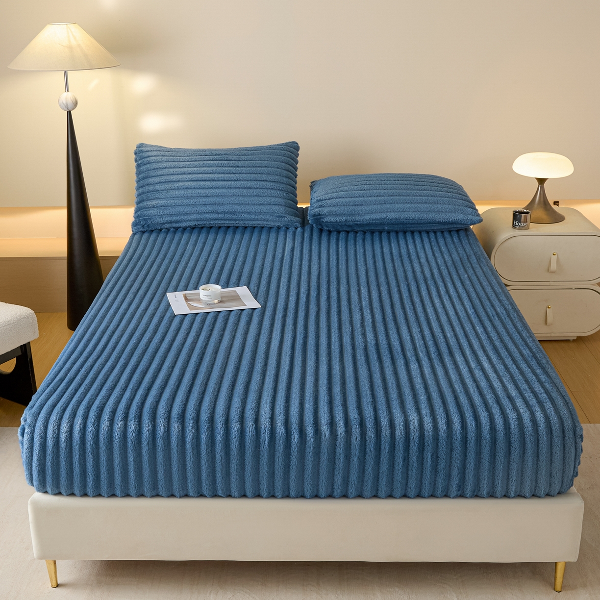 91家纺网 家纺一手货源 找家纺 小叮当家纺仓储工厂店 2025新款兔毛绒大抽条单床笠系列床笠单件（跨境可供） 抽条-床笠孔雀蓝