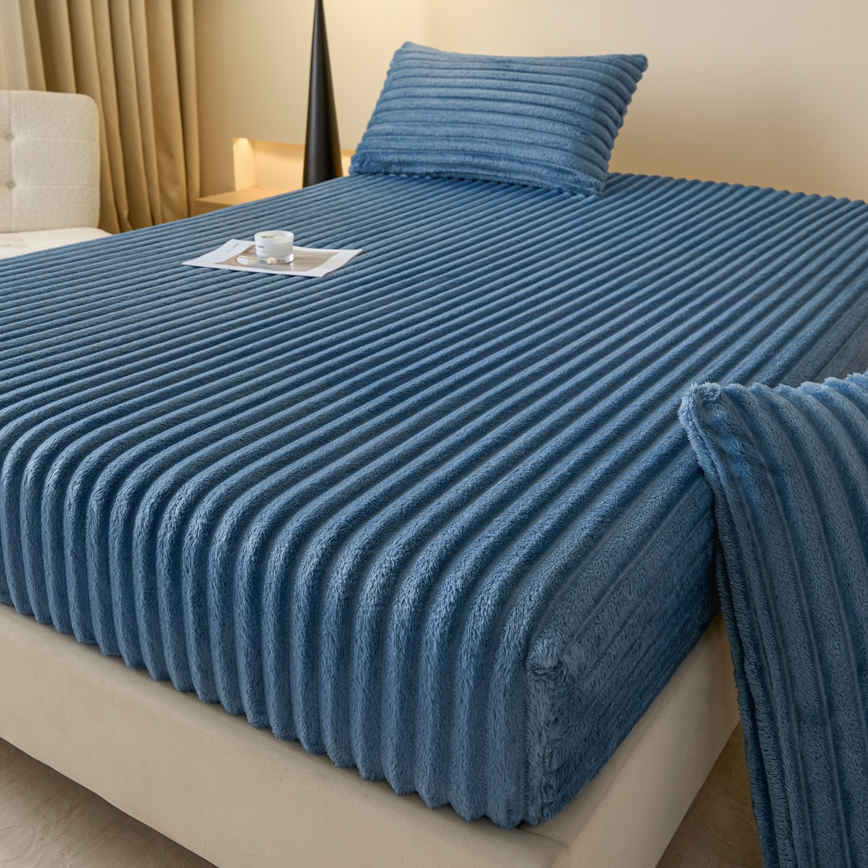 91家纺网 家纺一手货源 找家纺 小叮当家纺仓储工厂店 2025新款兔毛绒大抽条单床笠系列床笠单件（跨境可供） 抽条-床笠孔雀蓝