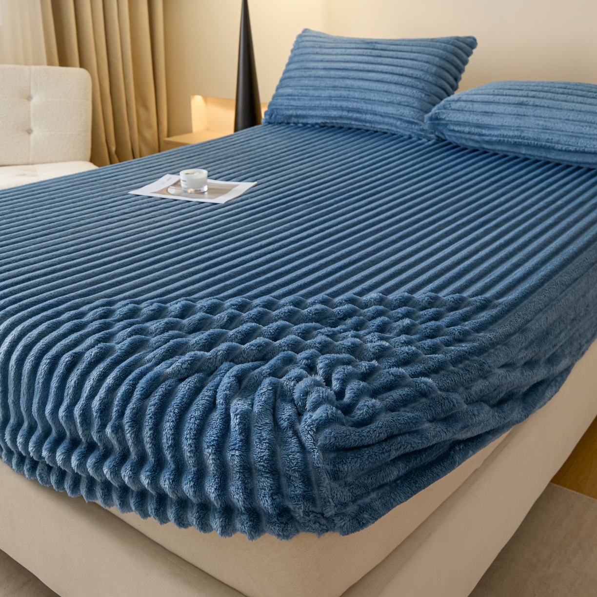 91家纺网 家纺一手货源 找家纺 小叮当家纺仓储工厂店 2025新款兔毛绒大抽条单床笠系列床笠单件（跨境可供） 抽条-床笠孔雀蓝