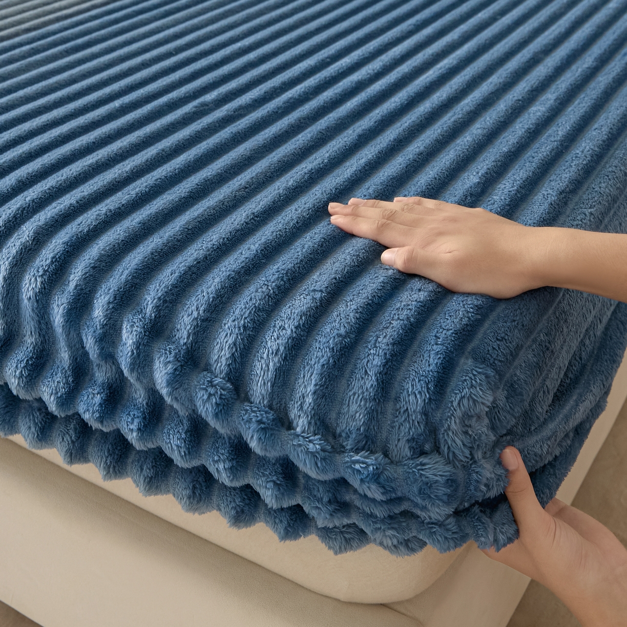 91家纺网 家纺一手货源 找家纺 小叮当家纺仓储工厂店 2025新款兔毛绒大抽条单床笠系列床笠单件（跨境可供） 抽条-床笠孔雀蓝