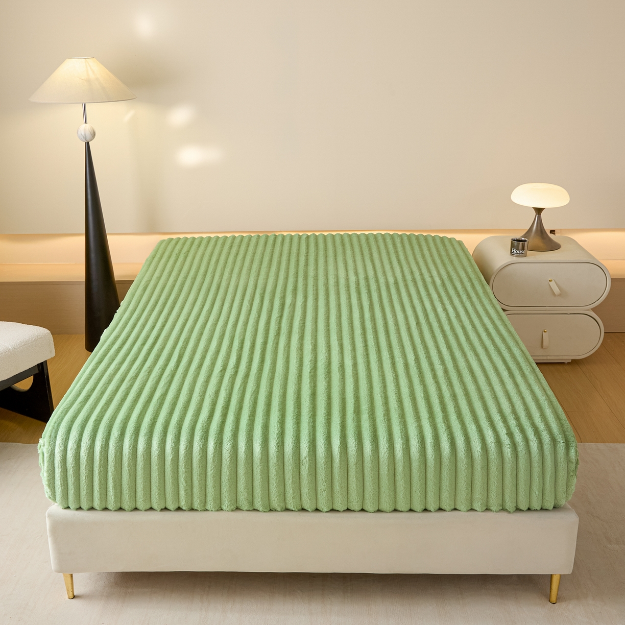 91家纺网 家纺一手货源 找家纺 小叮当家纺仓储工厂店 2025新款兔毛绒大抽条单床笠系列床笠单件（跨境可供） 抽条-床笠果绿