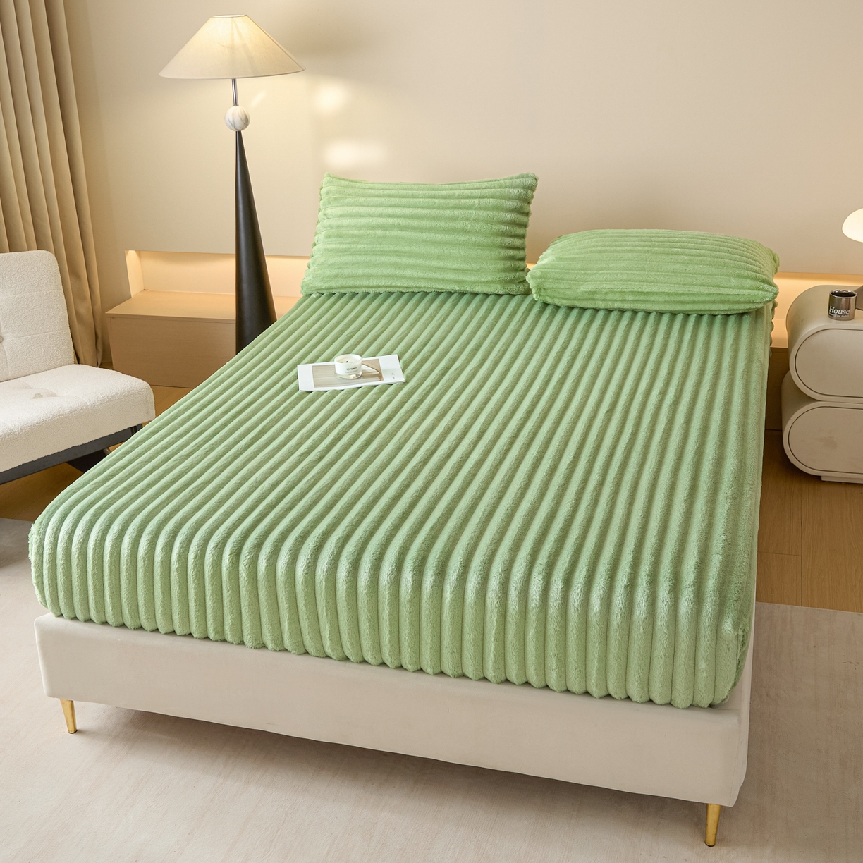 91家纺网 家纺一手货源 找家纺 小叮当家纺仓储工厂店 2025新款兔毛绒大抽条单床笠系列床笠单件（跨境可供） 抽条-床笠果绿