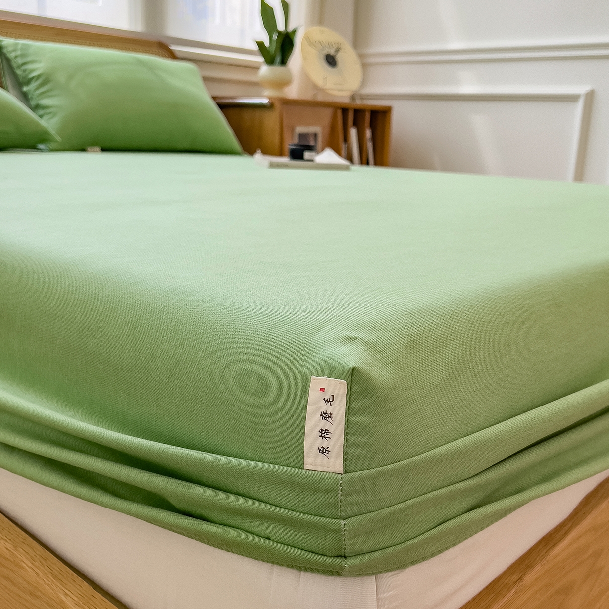 91家纺网 家纺一手货源 找家纺 芃成家纺 2025新款原棉生态磨毛单床笠 薄荷绿