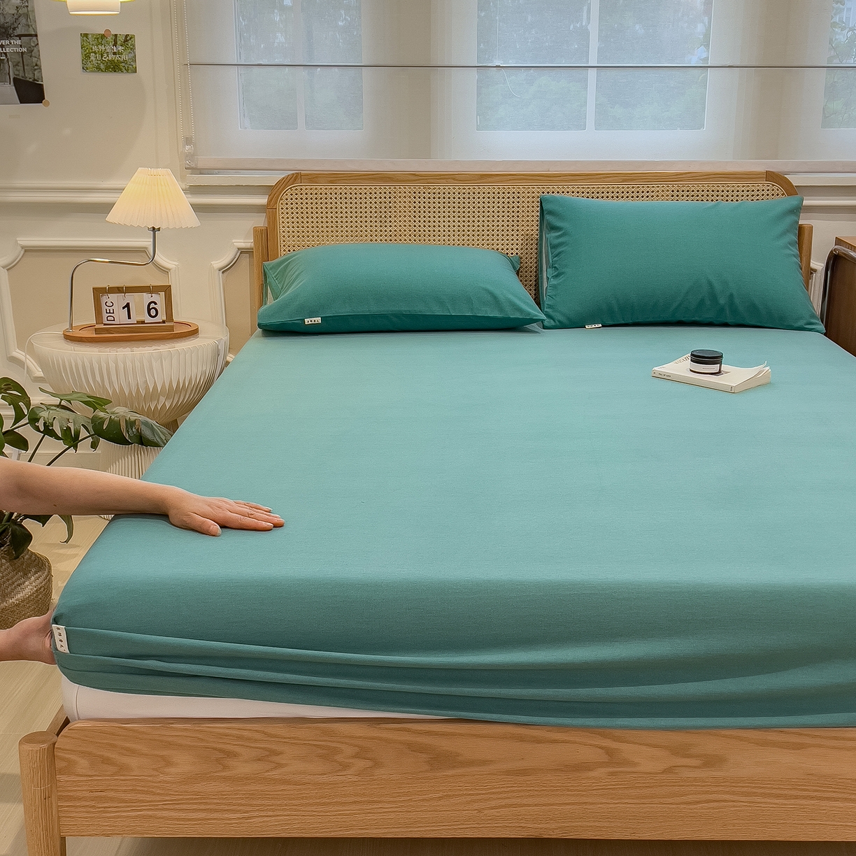 91家纺网 家纺一手货源 找家纺 芃成家纺 2025新款原棉生态磨毛单床笠 墨染绿