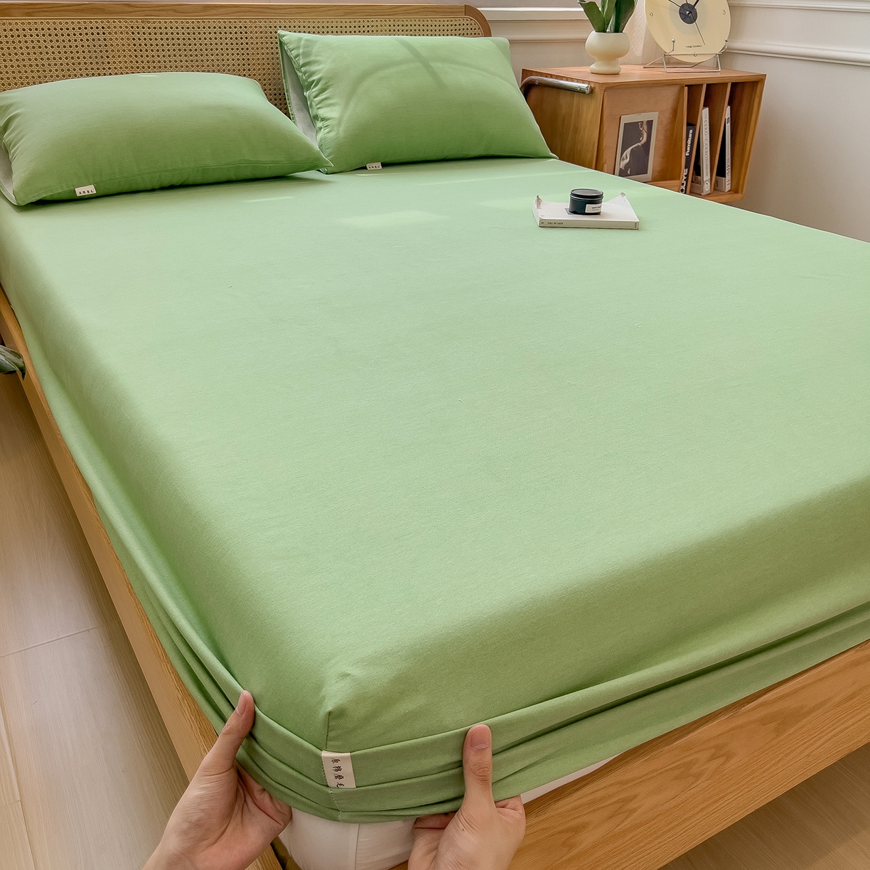 91家纺网 家纺一手货源 找家纺 芃成家纺 2025新款原棉生态磨毛单床笠 薄荷绿