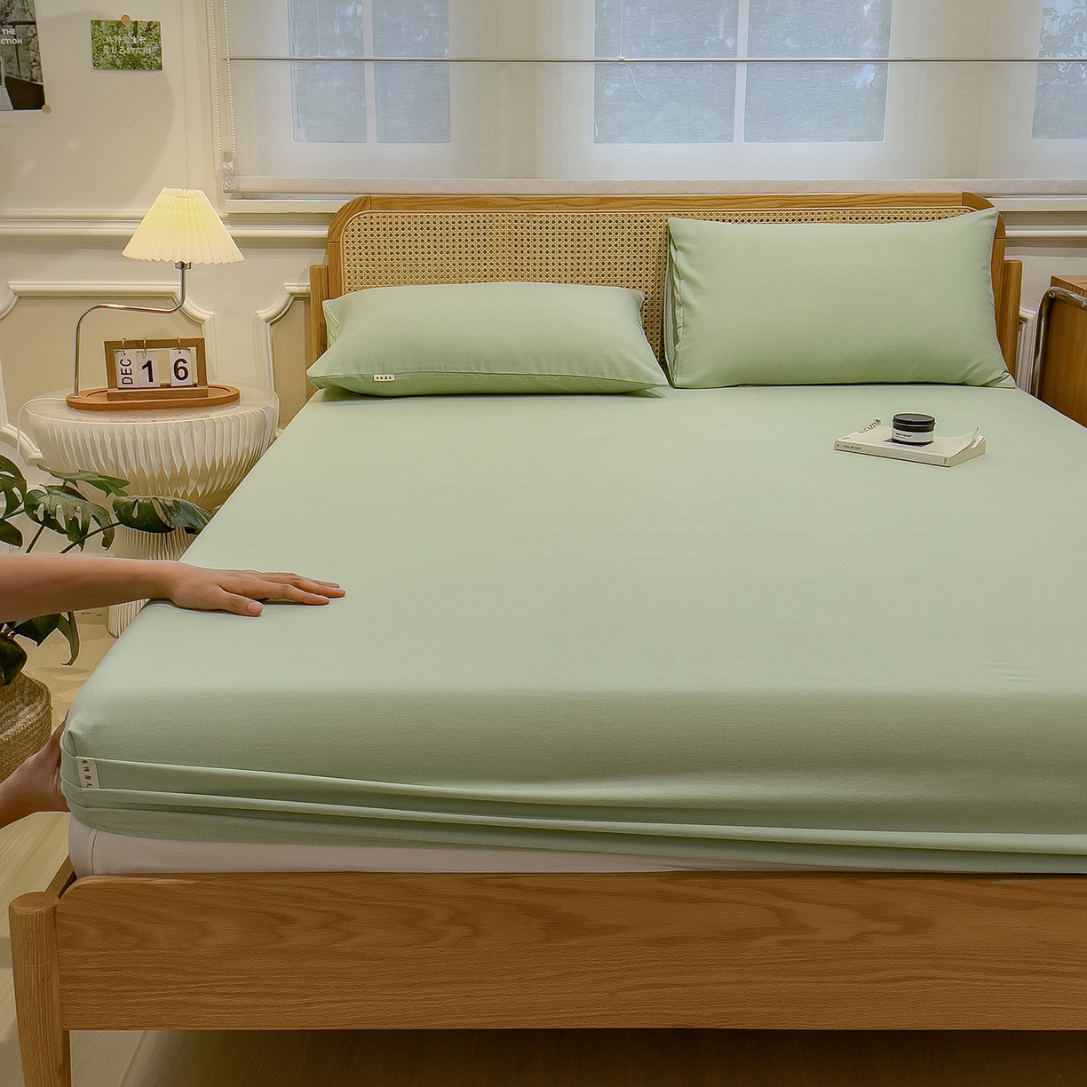 91家纺网 家纺一手货源 找家纺 芃成家纺 2025新款原棉生态磨毛单床笠 天青绿