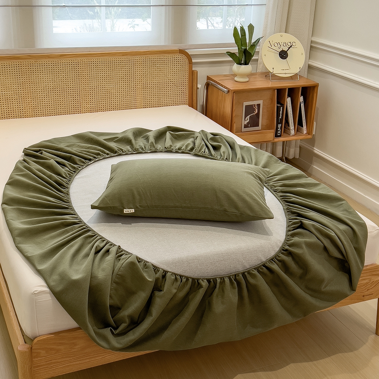 91家纺网 家纺一手货源 找家纺 芃成家纺 2025新款原棉生态磨毛单床笠 松针绿