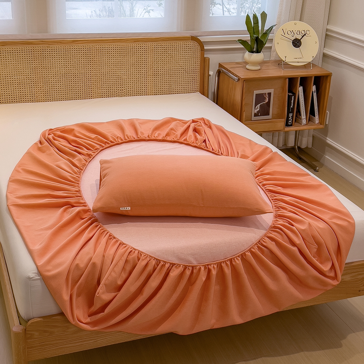 91家纺网 家纺一手货源 找家纺 芃成家纺 2025新款原棉生态磨毛单床笠 浅橘色