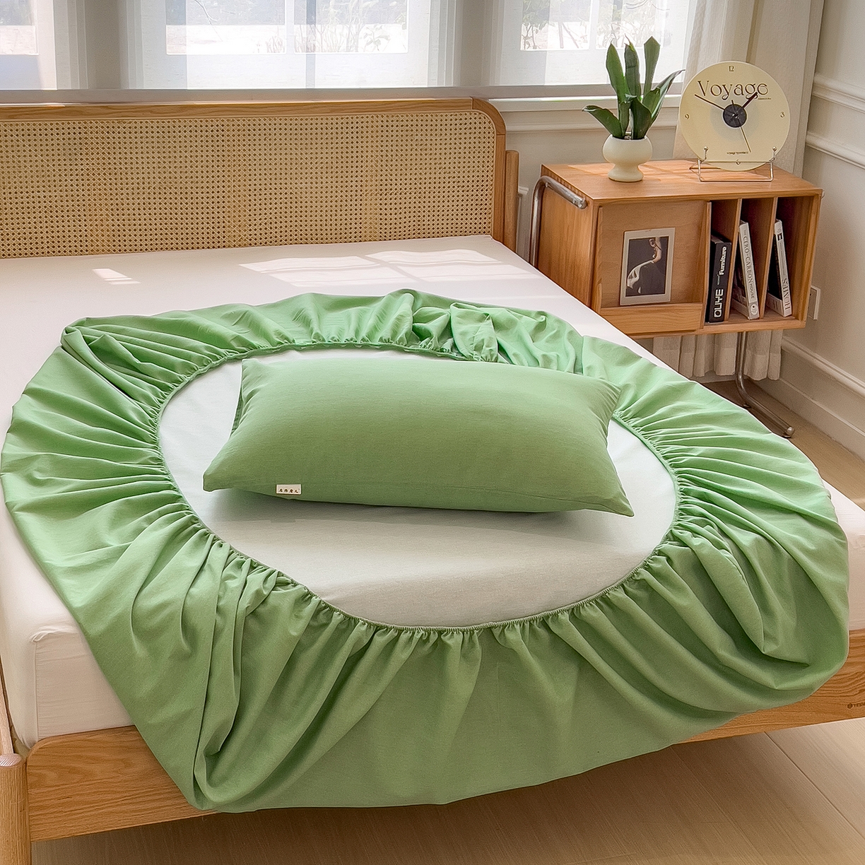 91家纺网 家纺一手货源 找家纺 芃成家纺 2025新款原棉生态磨毛单床笠 薄荷绿