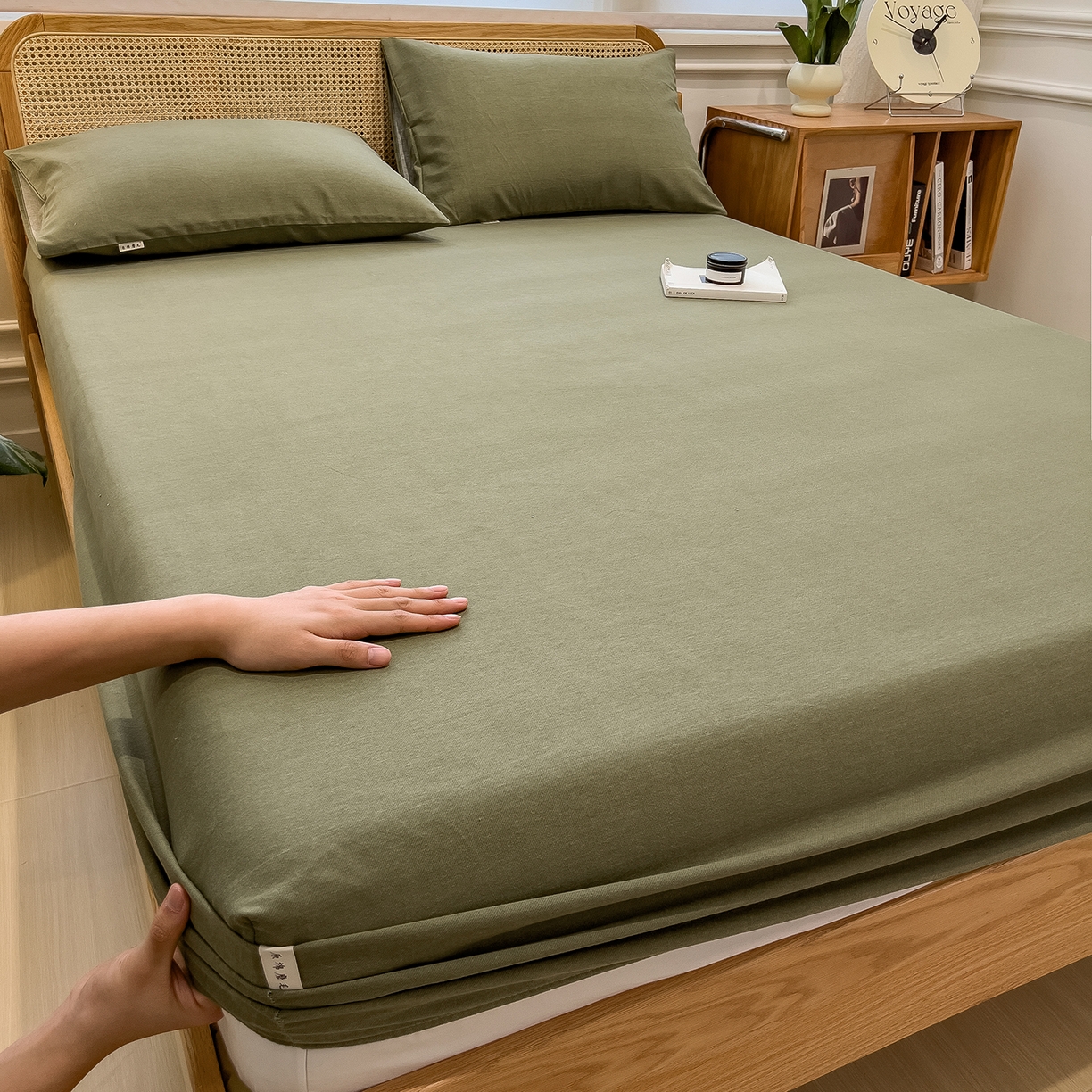 91家纺网 家纺一手货源 找家纺 芃成家纺 2025新款原棉生态磨毛单床笠 松针绿