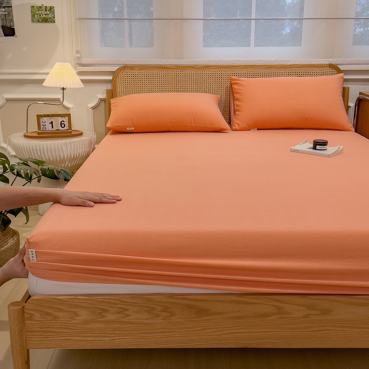 91家纺网 家纺一手货源 找家纺 芃成家纺 2025新款原棉生态磨毛单床笠 浅橘色