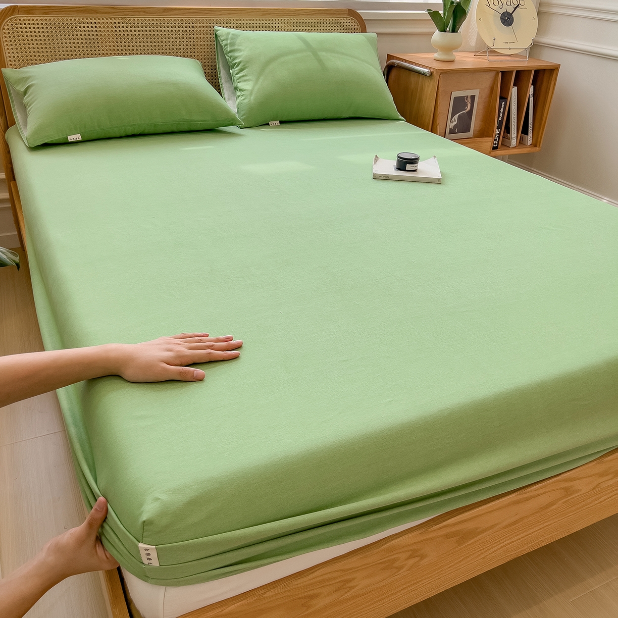 91家纺网 家纺一手货源 找家纺 芃成家纺 2025新款原棉生态磨毛单床笠 薄荷绿