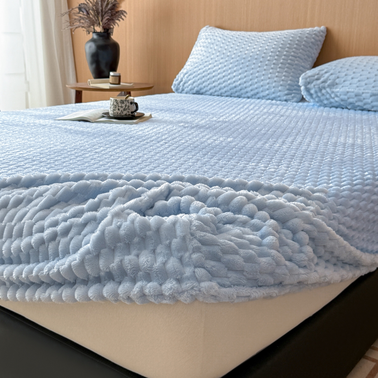 91家纺网 家纺一手货源 找家纺 小叮当家纺仓储工厂店 2025新款豆豆绒纯色单床笠系列床笠单件（跨境可供） 豆豆绒-床笠浅蓝