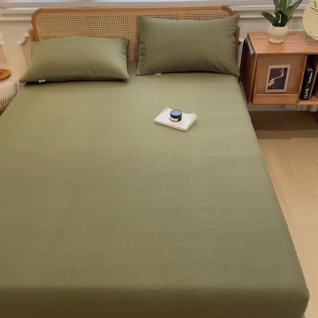91家纺网 家纺一手货源 找家纺 芃成家纺 2025新款原棉生态磨毛单床笠 松针绿