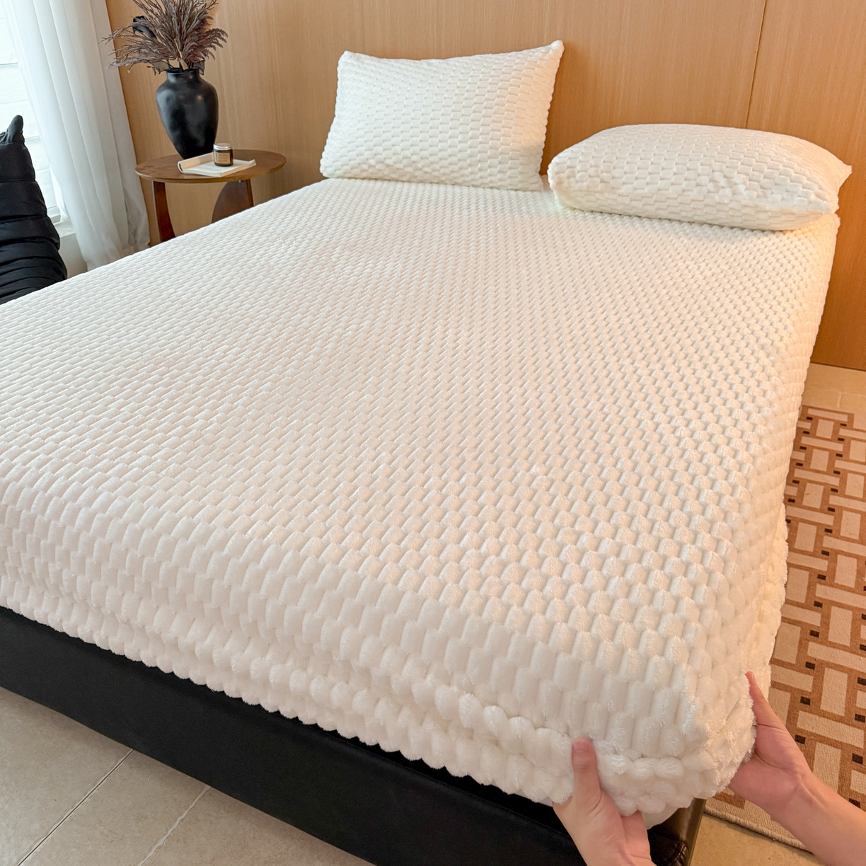 91家纺网 家纺一手货源 找家纺 小叮当家纺仓储工厂店 2025新款豆豆绒纯色单床笠系列床笠单件（跨境可供） 豆豆绒-床笠米白